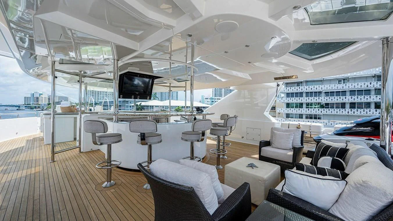 inside of a building with a large window and a large screen aboard NIGHT HOWL Yacht for Sale