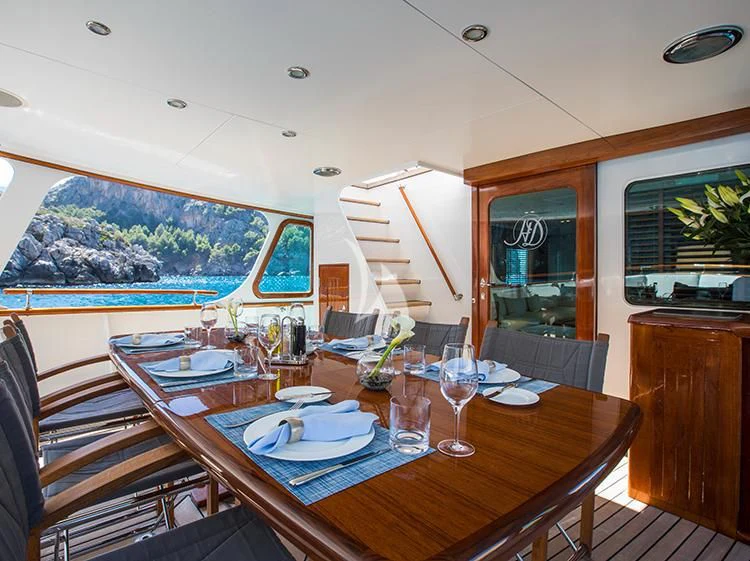 a dining table with plates and glasses aboard HEAVENLY DAZE Yacht for Sale