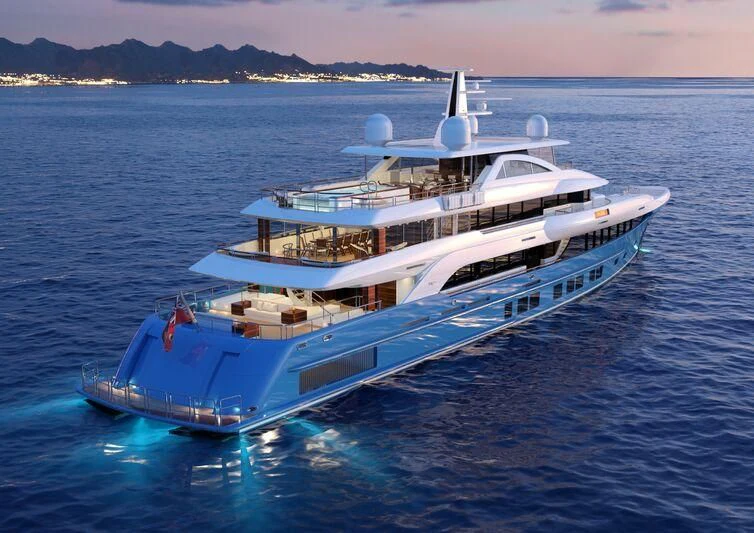 a large white boat in the water aboard INGOT Yacht for Sale