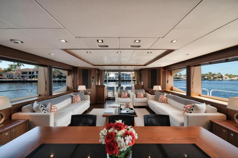 a room with a large window and a view of the water aboard SOLARIS Yacht for Sale