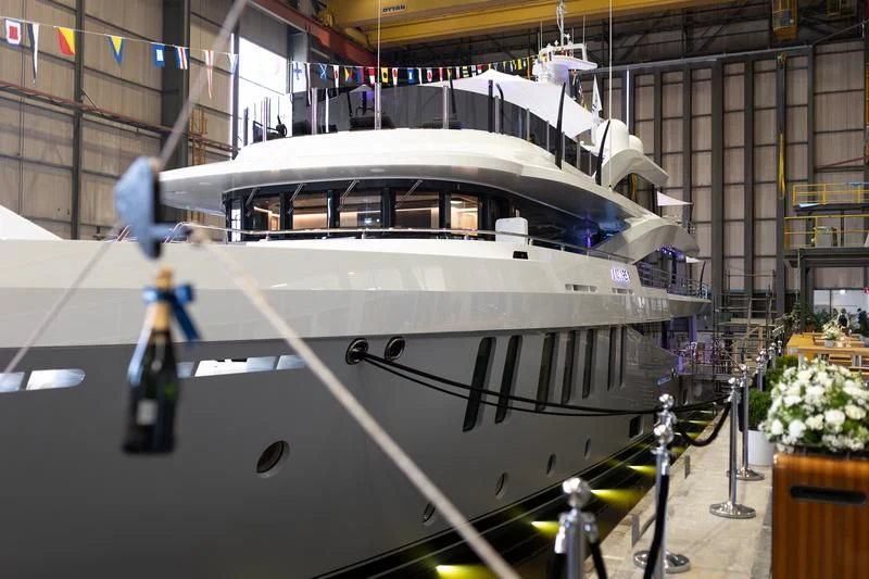 a large white boat in a building aboard MARSA Yacht for Sale