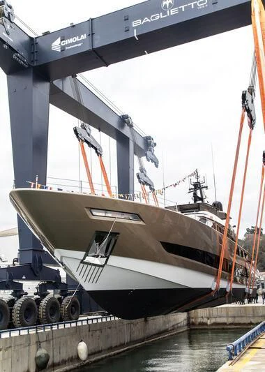 a large white boat with red wheels aboard FRANCESCA II Yacht for Sale