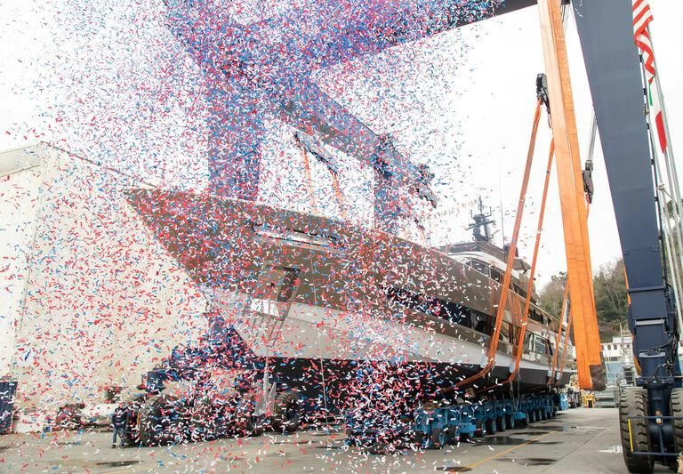 a large red and white truck with smoke coming out of it aboard FRANCESCA II Yacht for Sale