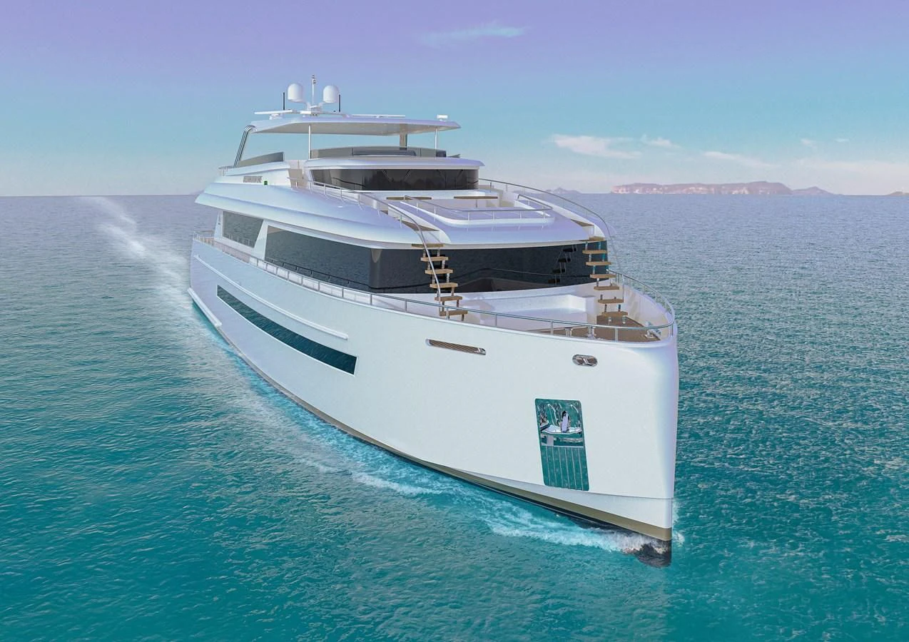 a white boat in the water aboard STELLARONE AL108 Yacht for Sale