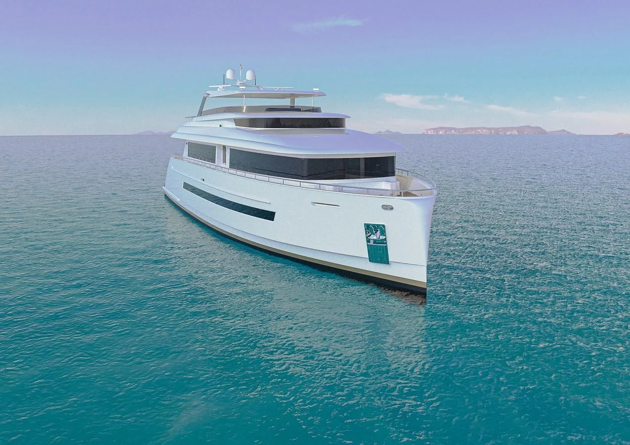 a white boat in the water aboard STELLARONE AL108 Yacht for Sale