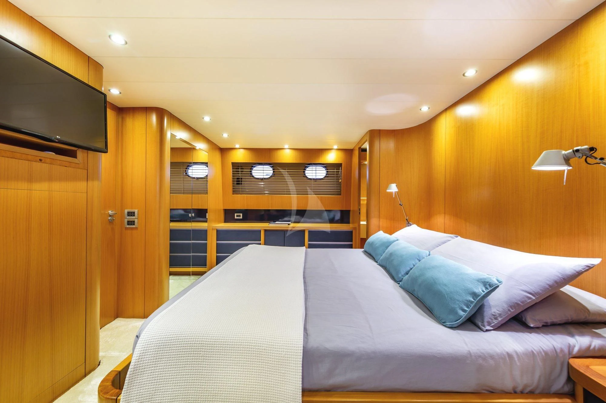 a hotel room with two beds aboard MINOU Yacht for Sale