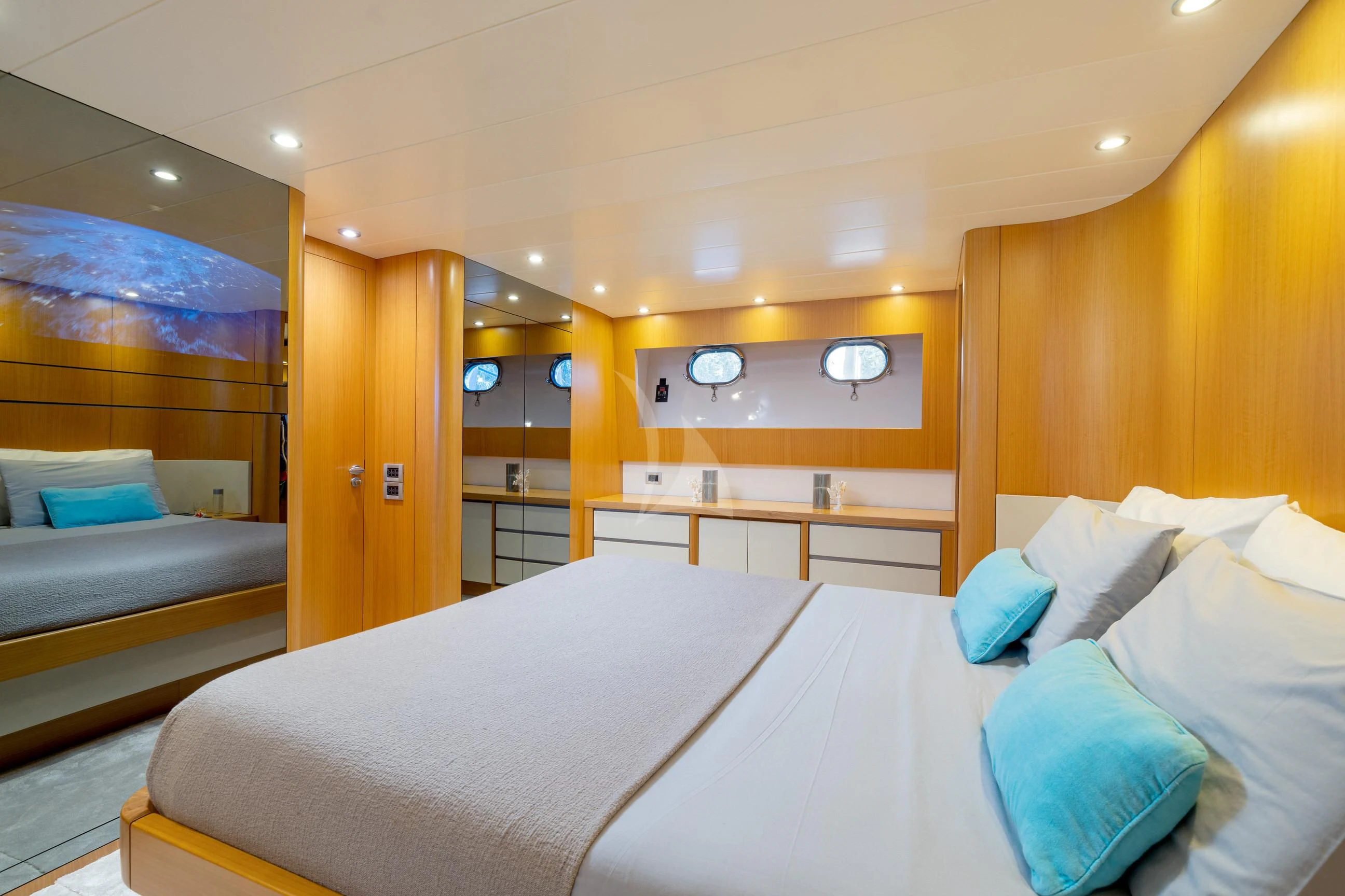 a bed in a room aboard MINOU Yacht for Sale
