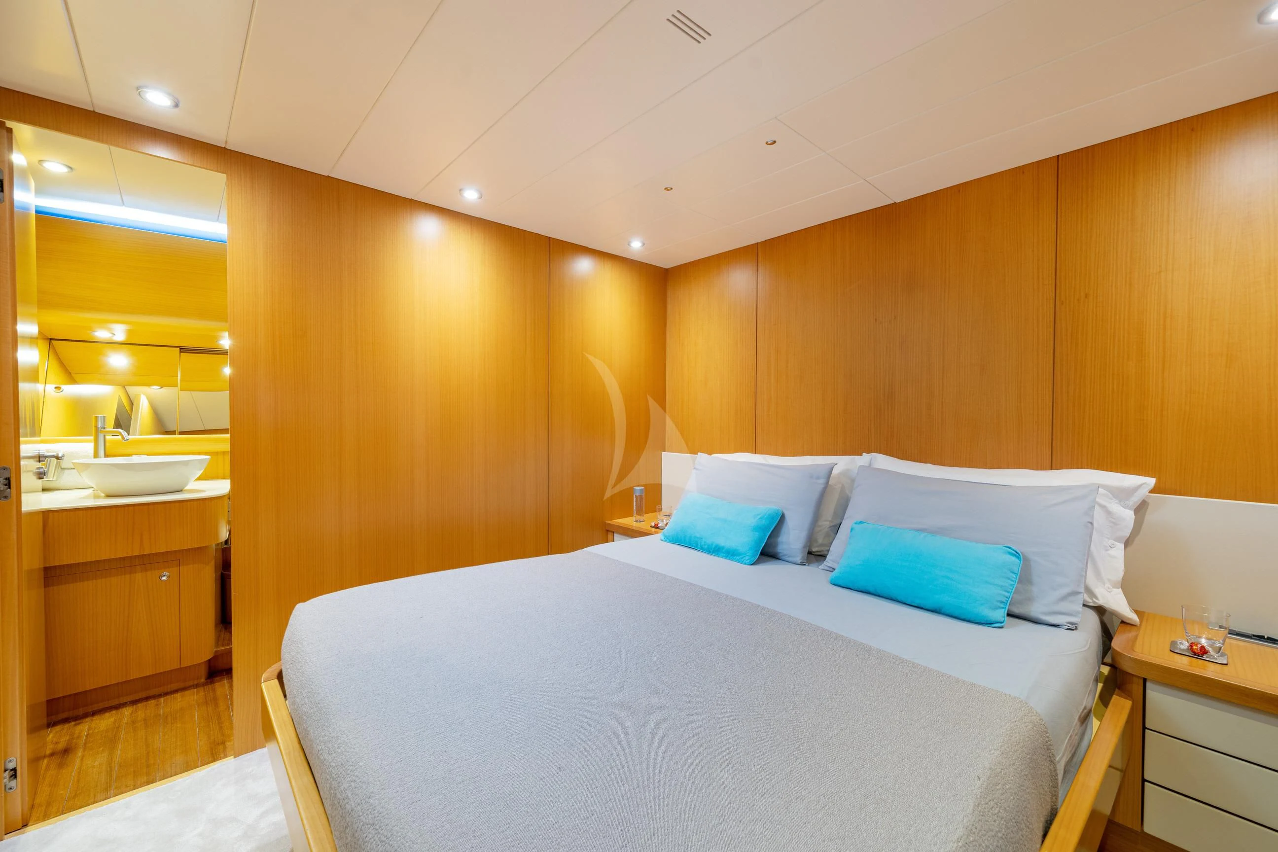 a bed in a room aboard MINOU Yacht for Sale
