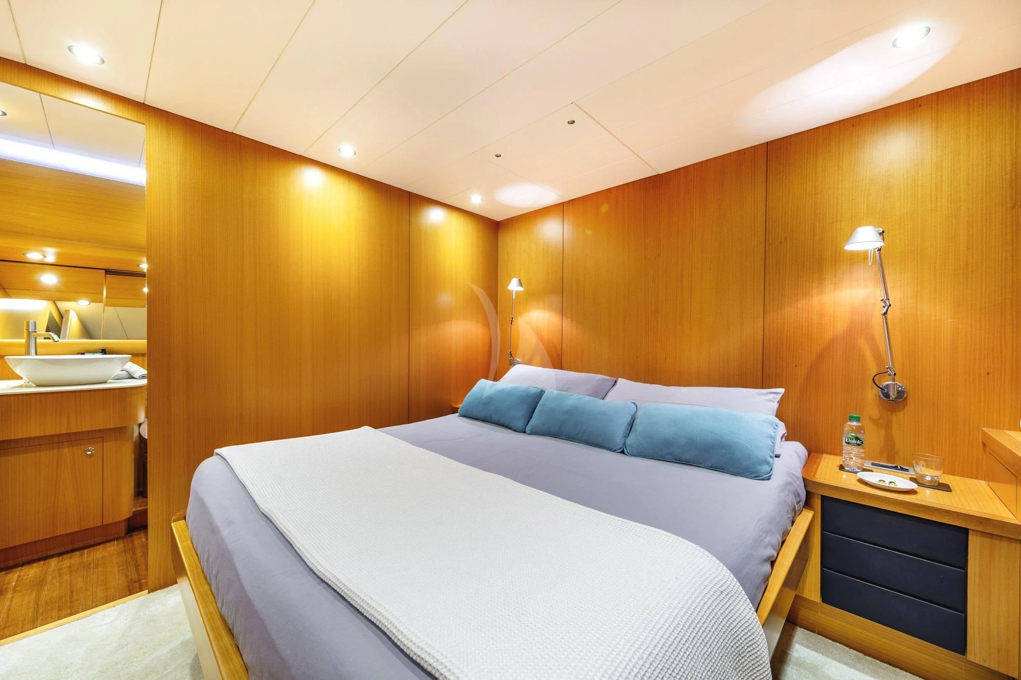 a bed in a room aboard MINOU Yacht for Sale