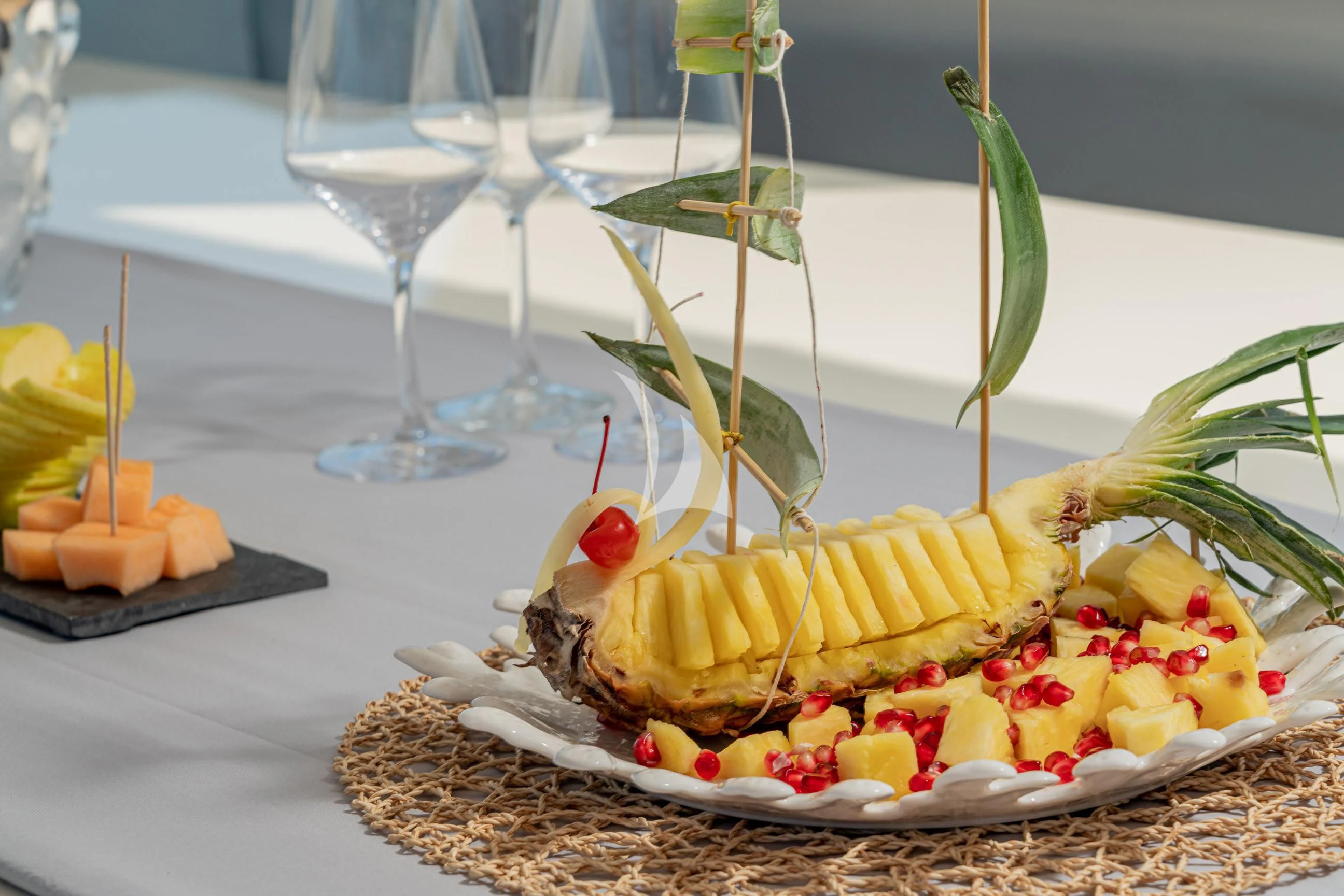 a plate of food aboard MINOU Yacht for Sale