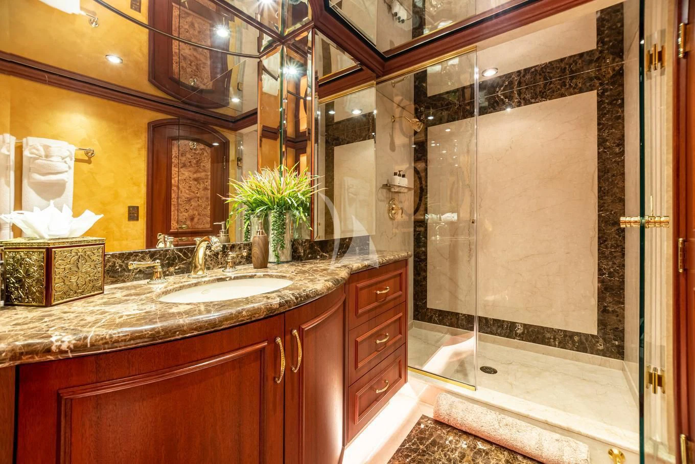 a bathroom with a marble counter top aboard SHOGUN Yacht for Sale