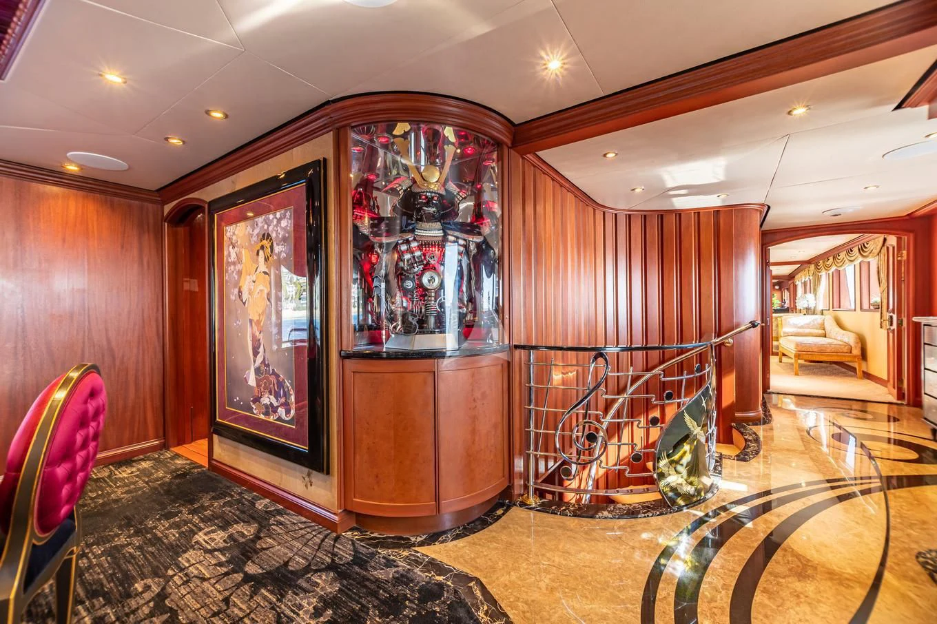 a room with a glass wall and a glass door with a glass display aboard SHOGUN Yacht for Sale