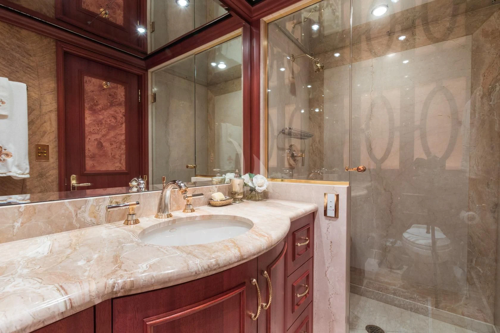 a bathroom with a large shower aboard SHOGUN Yacht for Sale