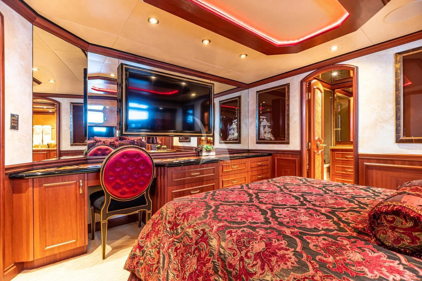 a large bedroom with a large bed aboard SHOGUN Yacht for Sale