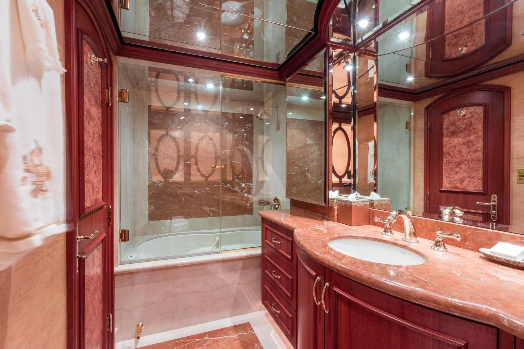 a bathroom with a large shower aboard SHOGUN Yacht for Sale