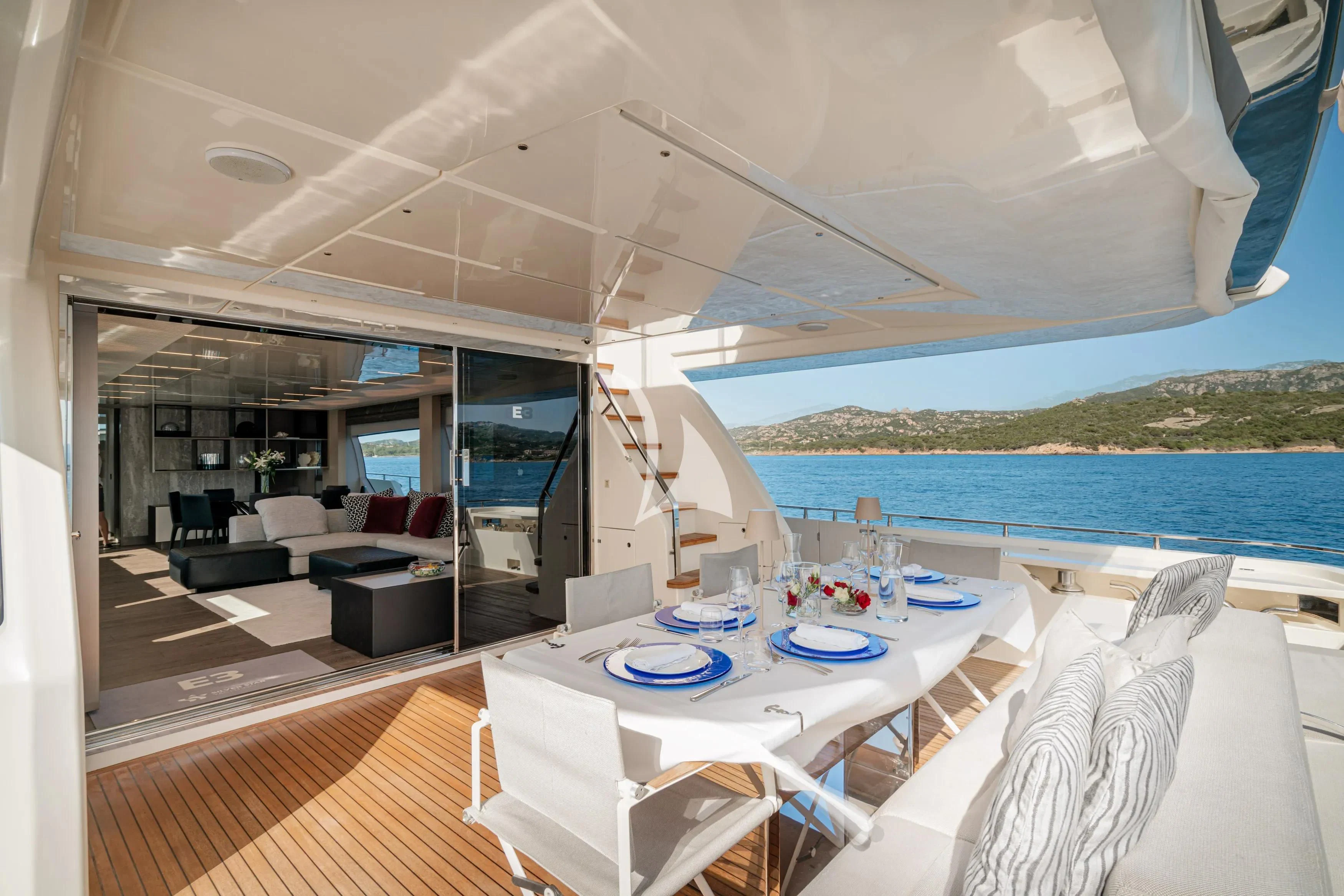 a room with a table chairs and a large window aboard E3 Yacht for Sale