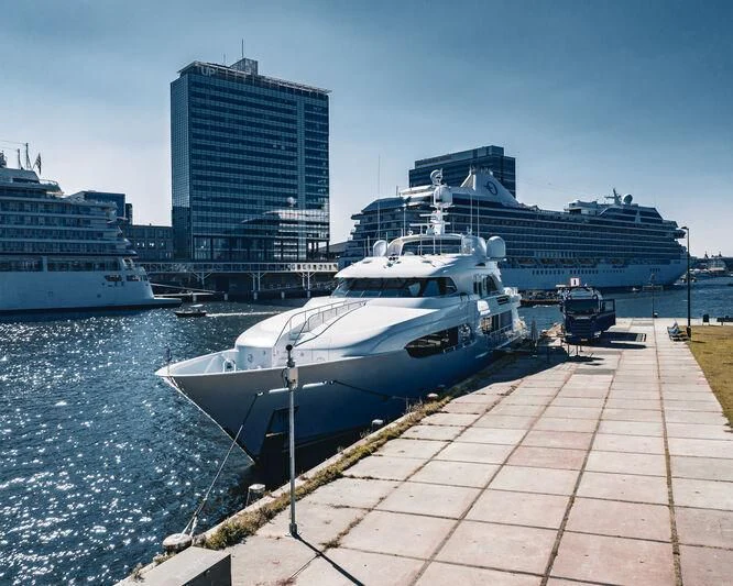 a dock with boats on it aboard ARCTIC PRIDE II Yacht for Sale