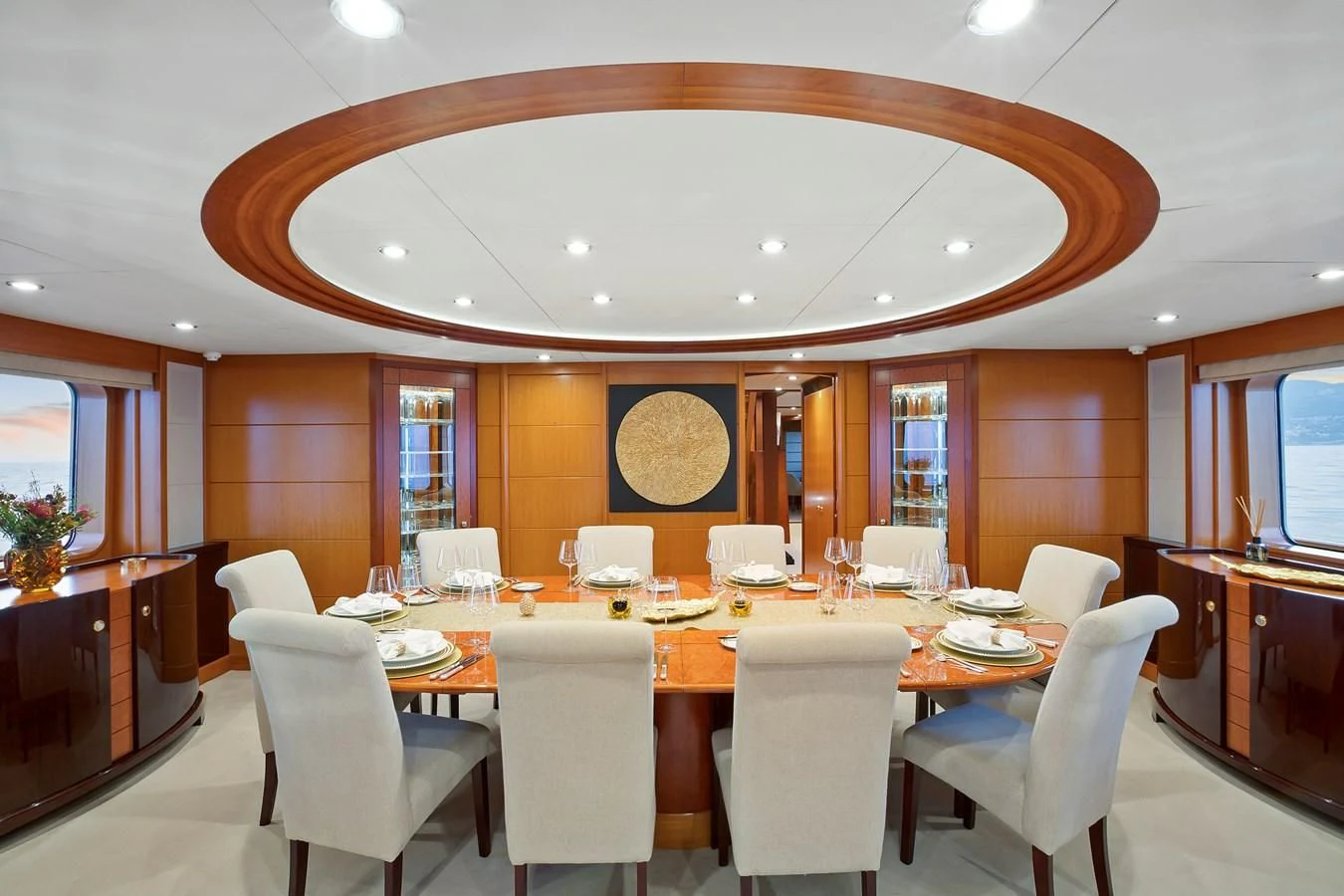a large dining room with tables and chairs aboard HERCULES Yacht for Sale
