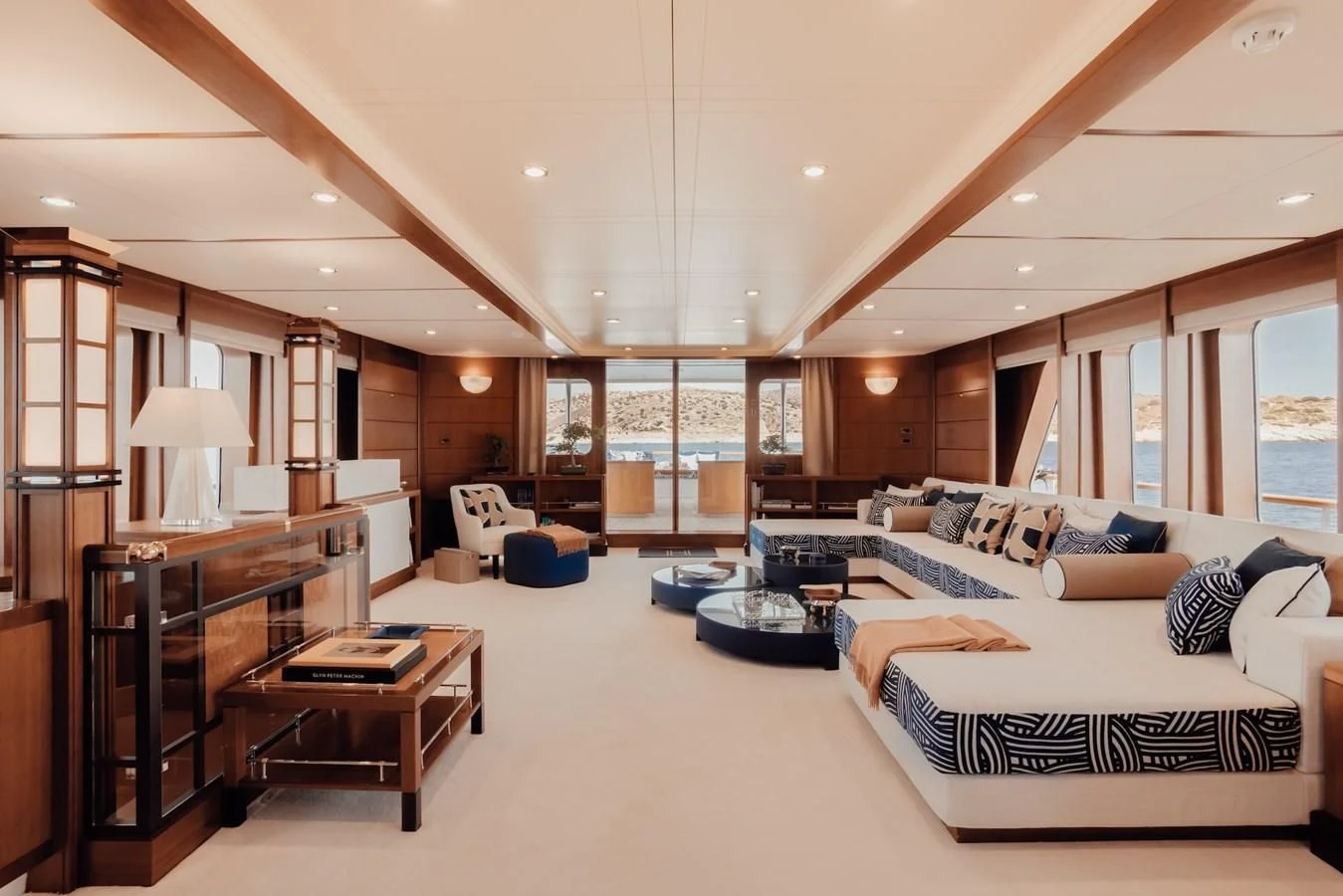 a large living room with a large open floor plan aboard HERCULES Yacht for Sale