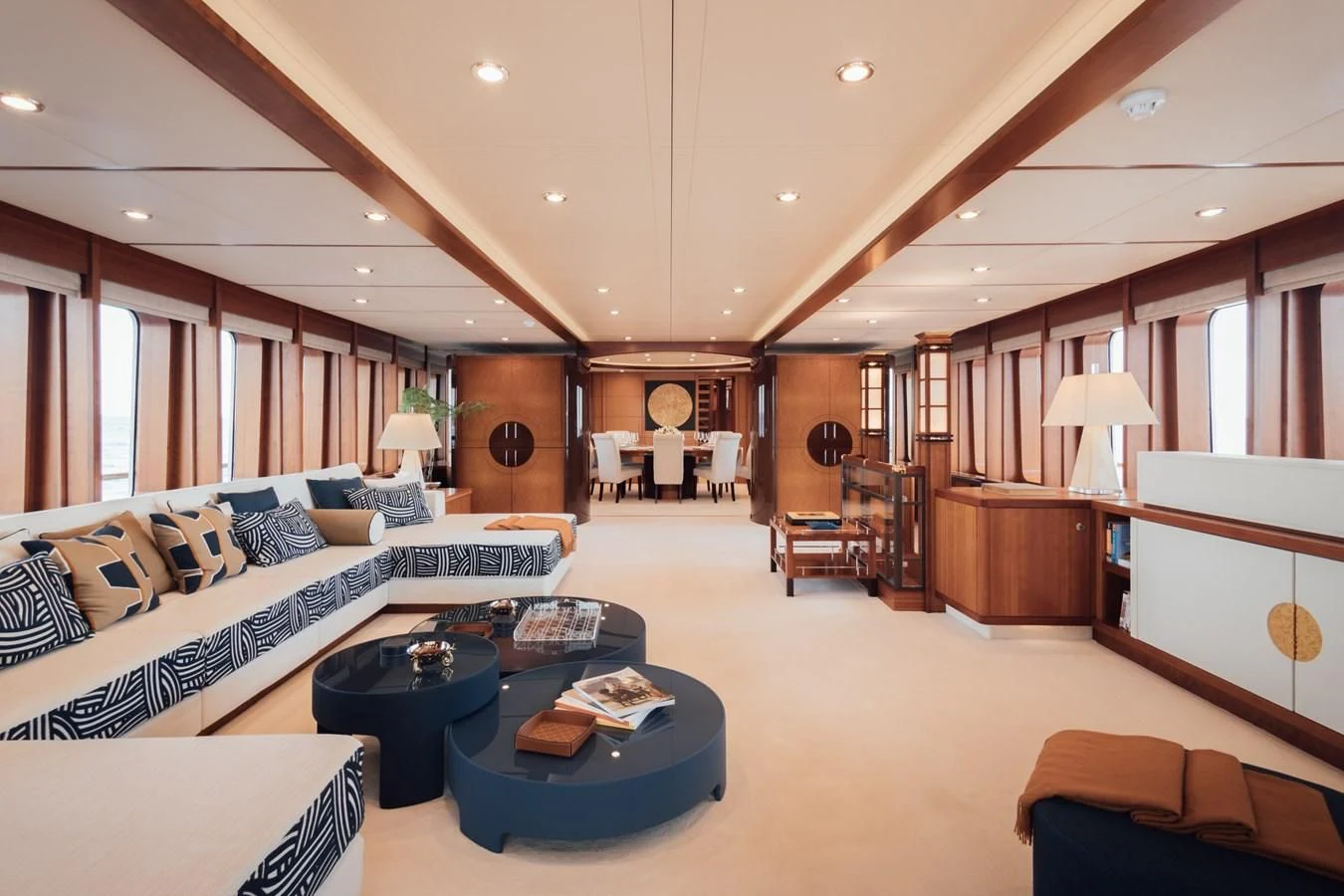 a living room with a large open floor plan aboard HERCULES Yacht for Sale