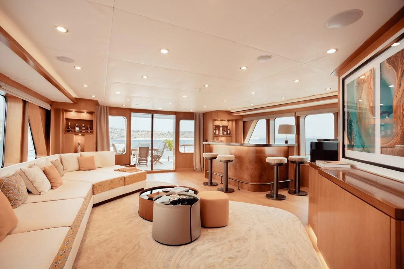 a living room with a large window aboard HERCULES Yacht for Sale