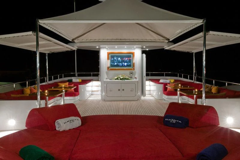 a tent with a red bed aboard EILEEN Yacht for Sale
