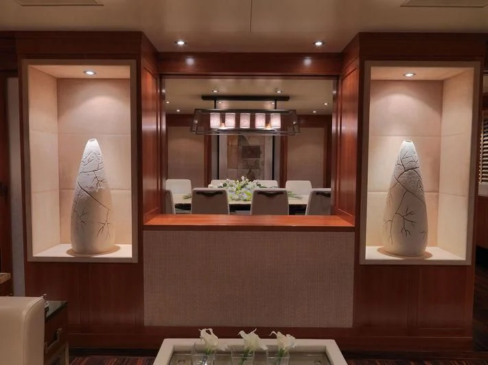 a large display case with a picture of a person aboard EILEEN Yacht for Sale