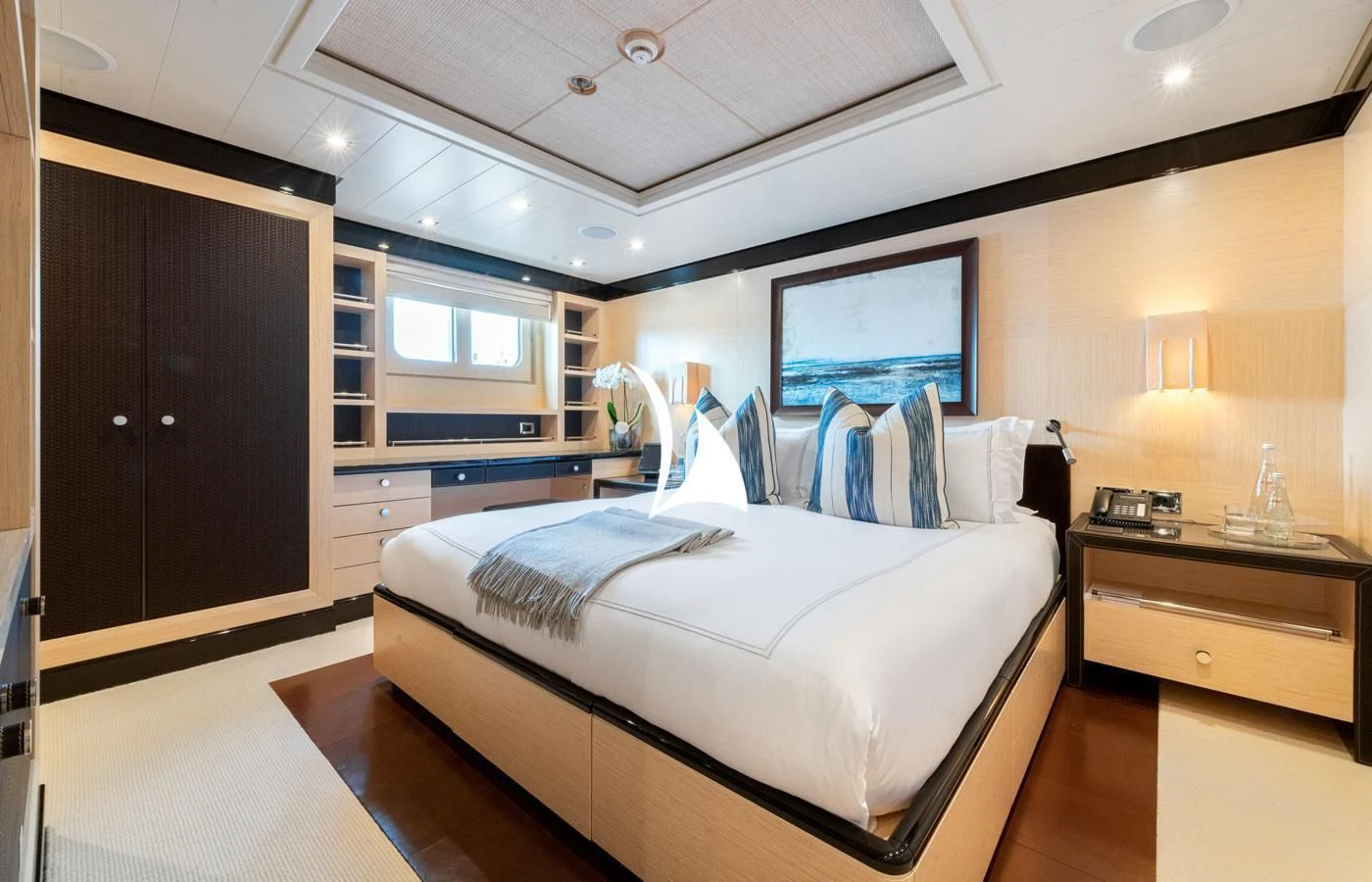 a large bedroom with a large bed aboard GRACE (YET) Yacht for Sale