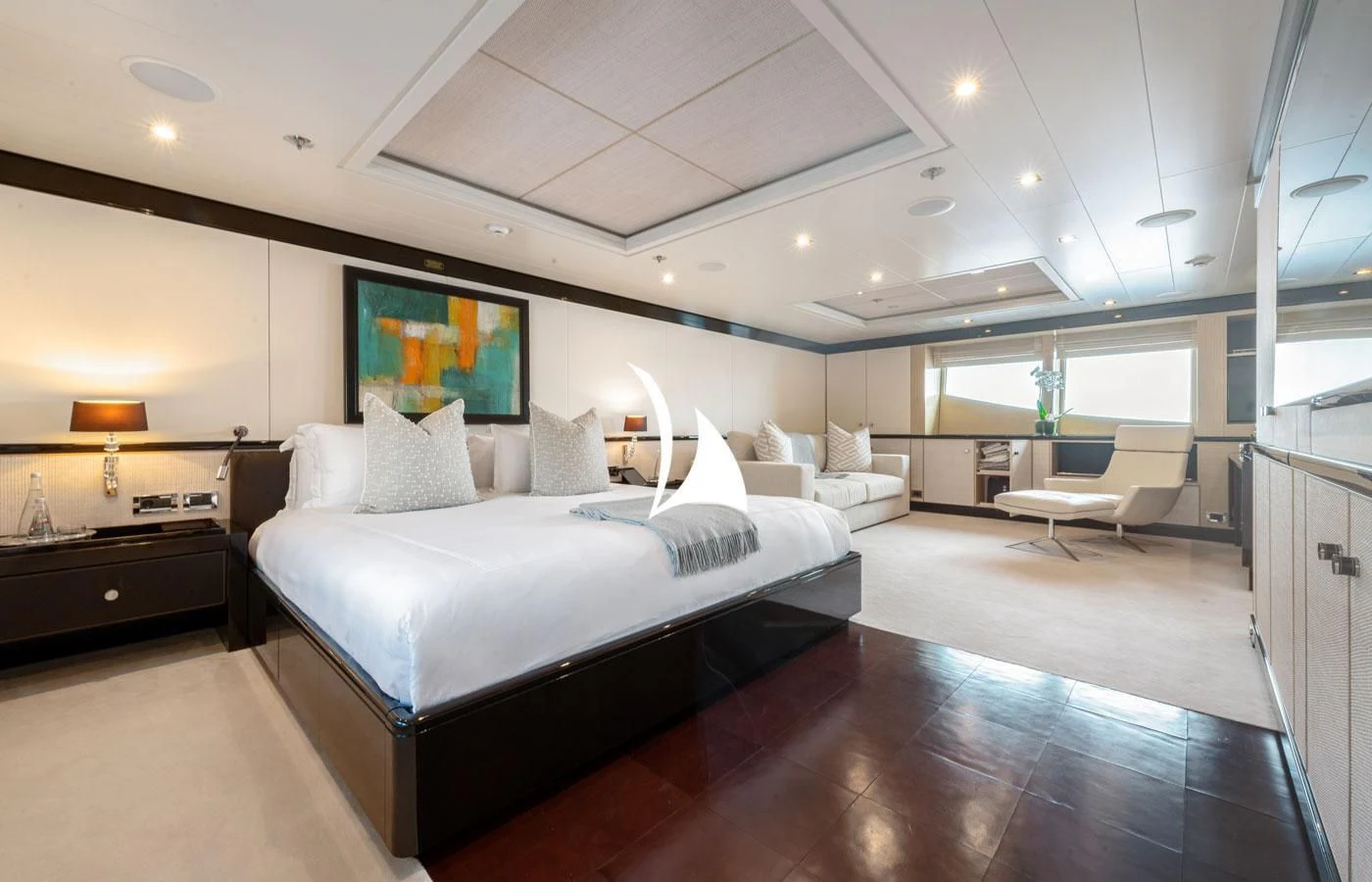 a large bedroom with a large bed aboard GRACE (YET) Yacht for Sale