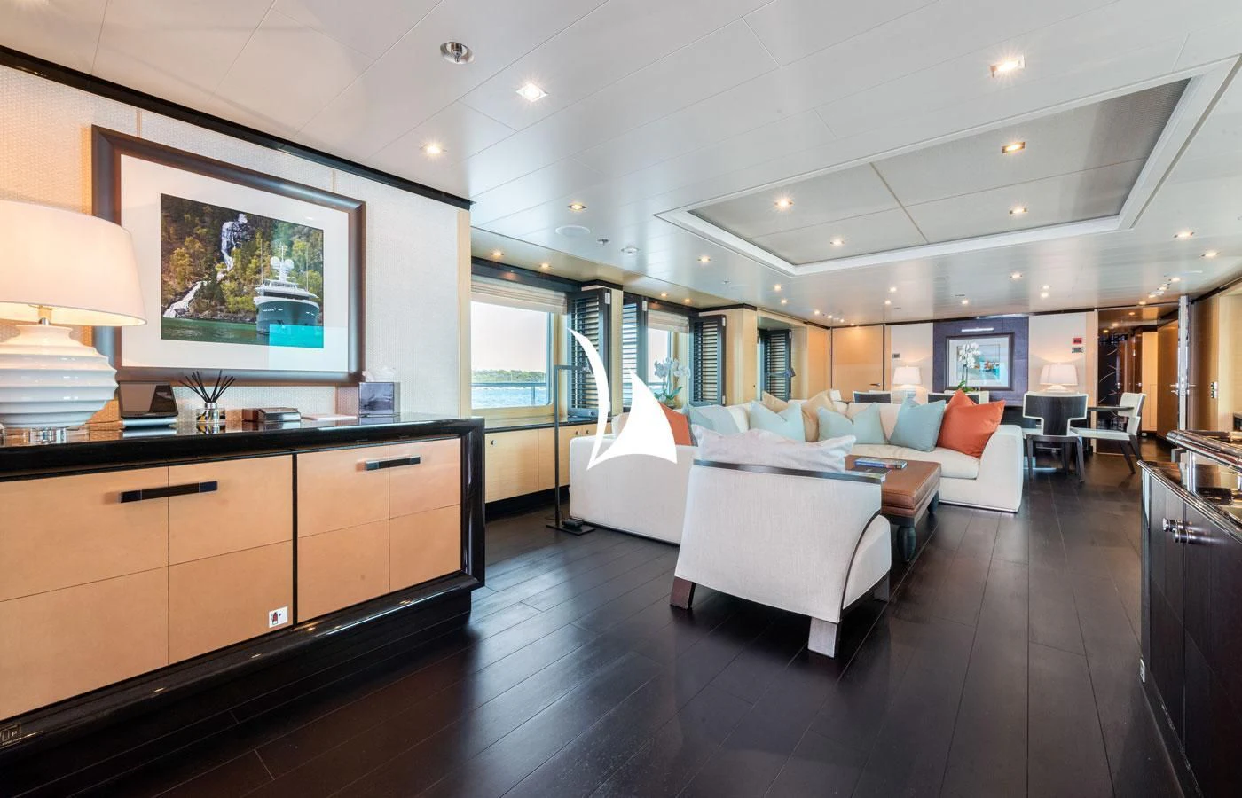 a large room with a large bed and a large window aboard GRACE (YET) Yacht for Sale