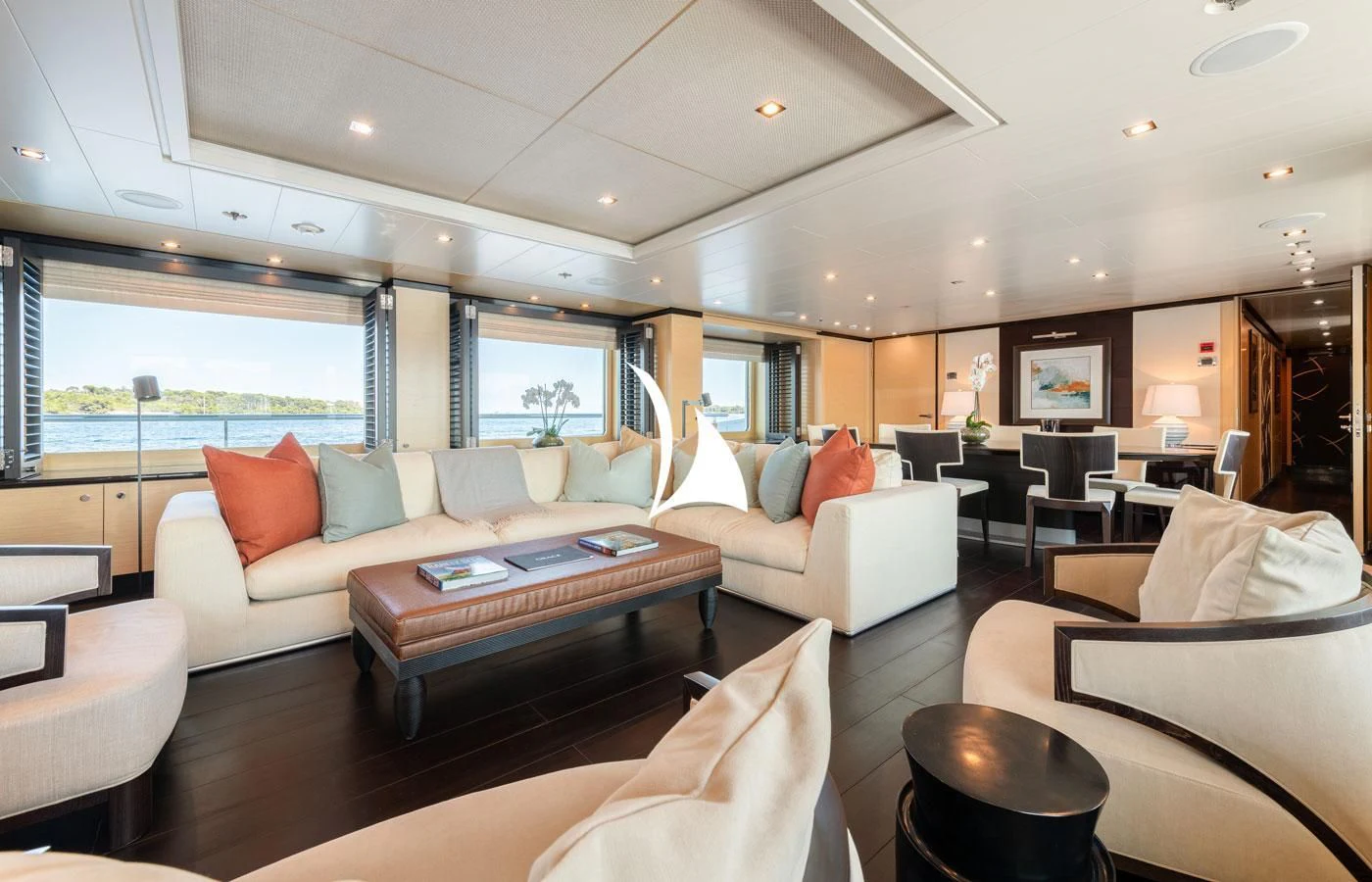a living room with a large window aboard GRACE (YET) Yacht for Sale