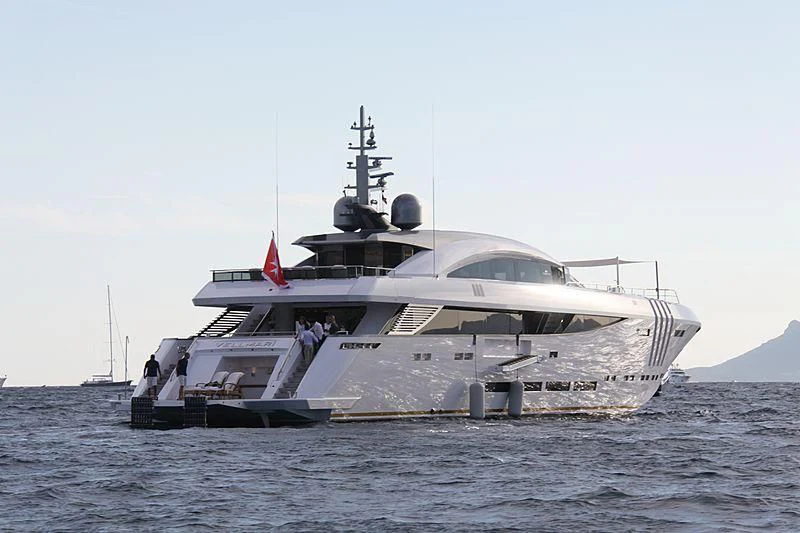 a large white boat in the water aboard VELLMARI Yacht for Sale