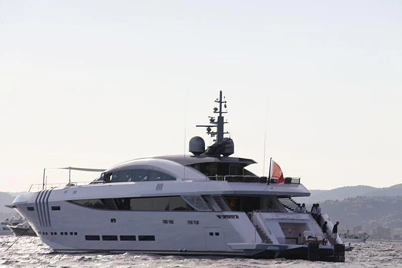 a white yacht on the water aboard VELLMARI Yacht for Sale