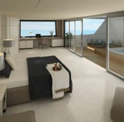 a bedroom with a large tv aboard SEA SEARCHER INDEPENDENCE 110 Yacht for Sale