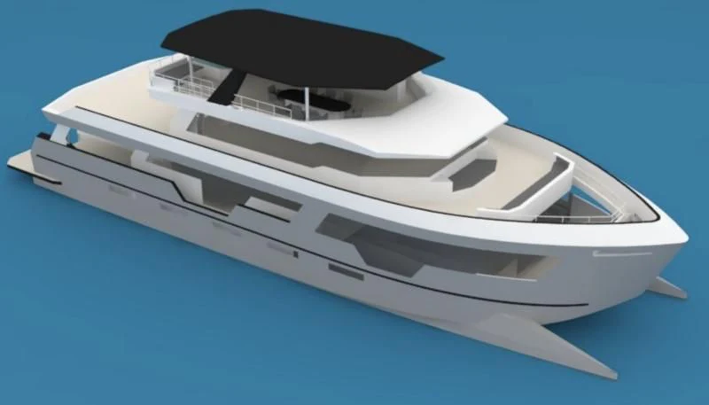 a white yacht on a blue background aboard SEA SEARCHER INDEPENDENCE 110 Yacht for Sale