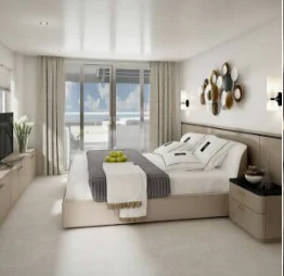 a bedroom with a large window aboard SEA SEARCHER INDEPENDENCE 110 Yacht for Sale
