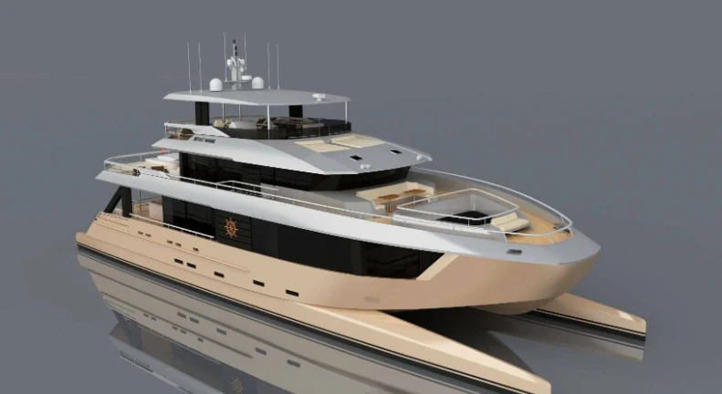 a white boat with a white surface aboard SEA SEARCHER INDEPENDENCE 110 Yacht for Sale