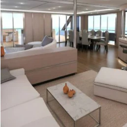 a room with a couch and a table aboard SEA SEARCHER INDEPENDENCE 110 Yacht for Sale