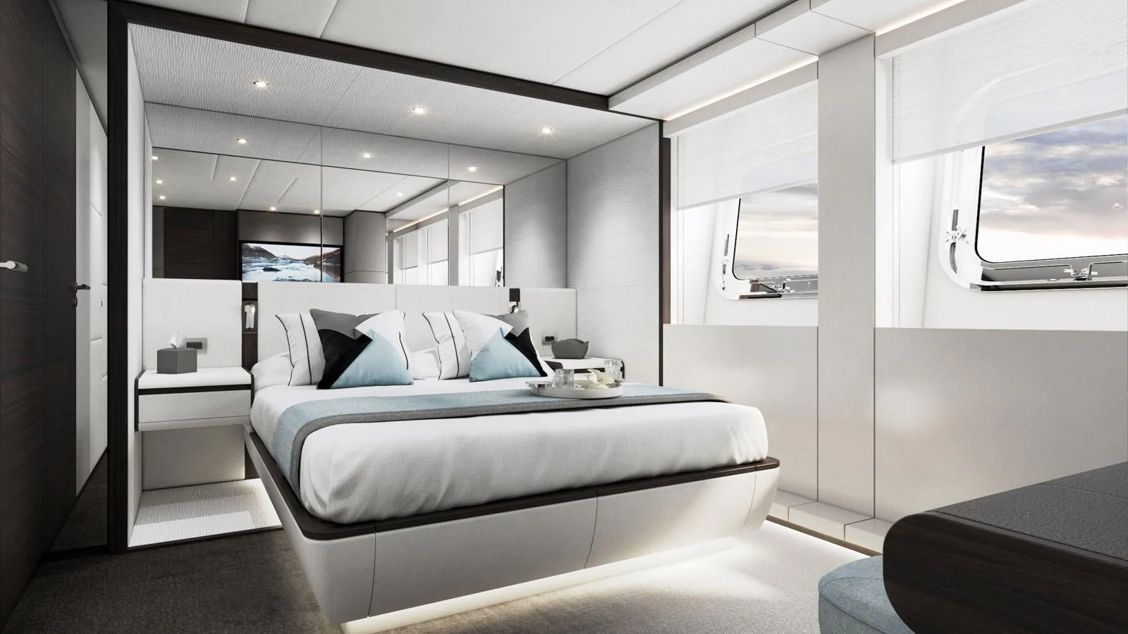 a room with a bed and a window aboard ALP Yacht for Sale