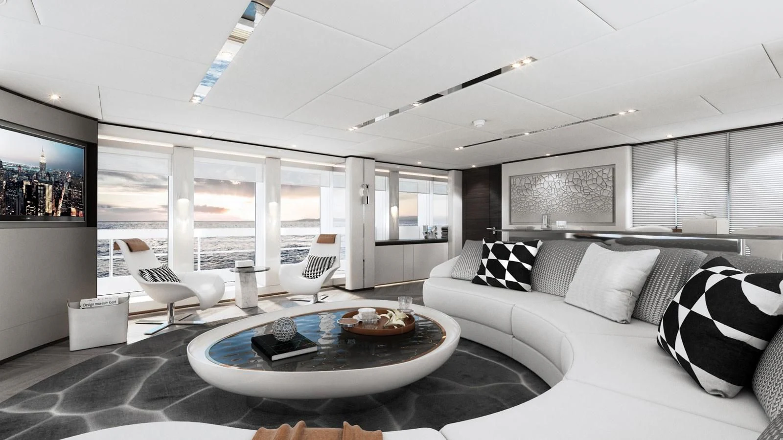 a living room with a large screen aboard ALP Yacht for Sale