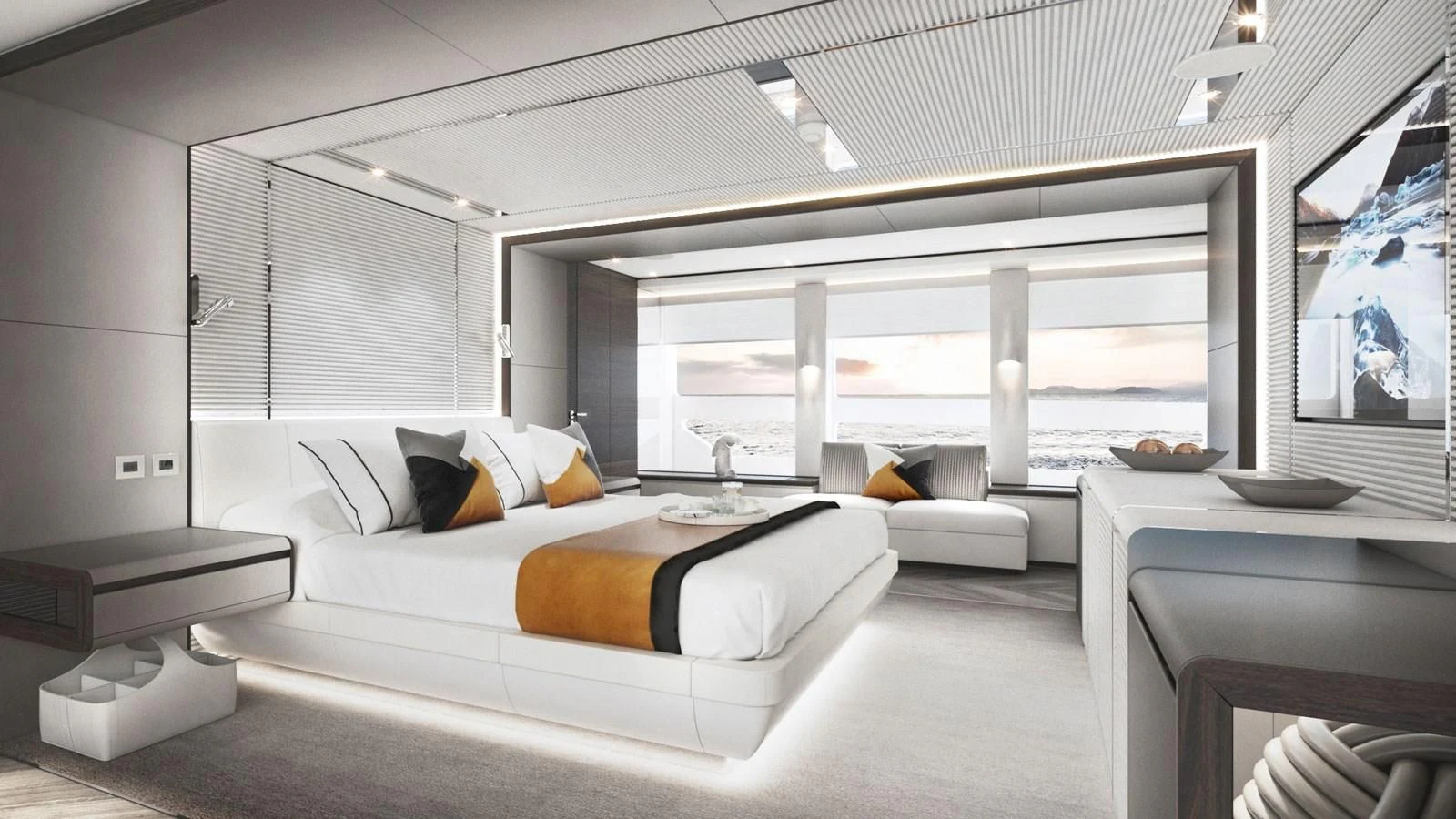 a room with a bed and a window aboard ALP Yacht for Sale