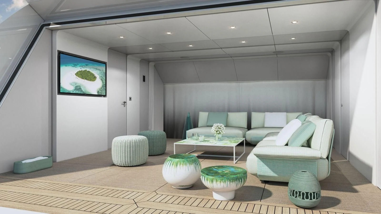 a living room with a couch and a table aboard ALP Yacht for Sale