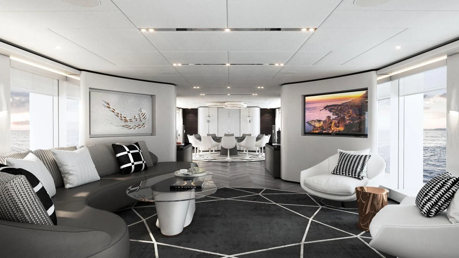 a living room with a black and white checkered floor aboard ALP Yacht for Sale