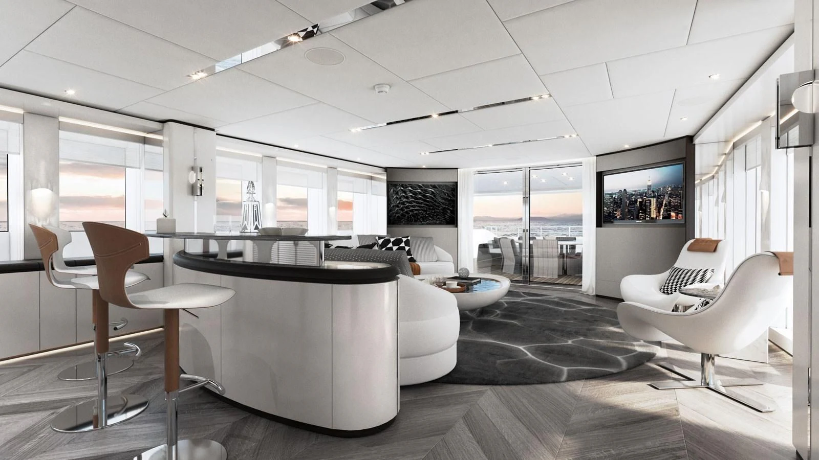 a large room with a table and chairs aboard ALP Yacht for Sale