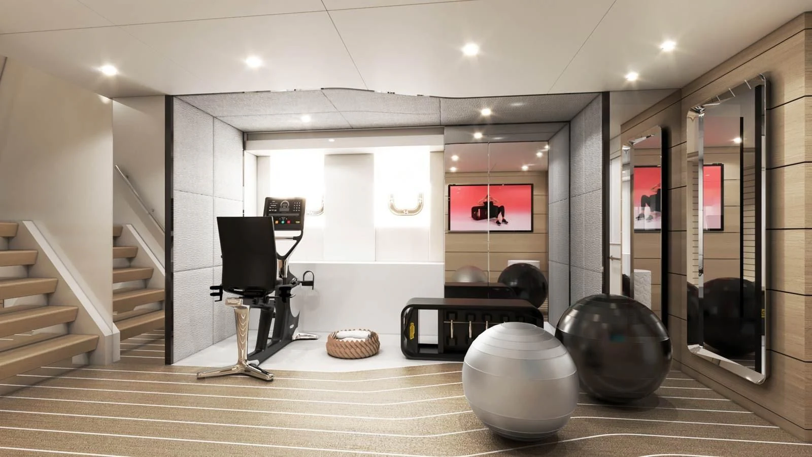a room with a piano and a staircase aboard ALP Yacht for Sale