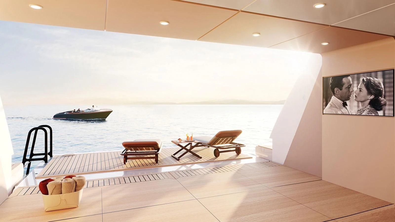 a room with a table and chairs aboard ALP Yacht for Sale