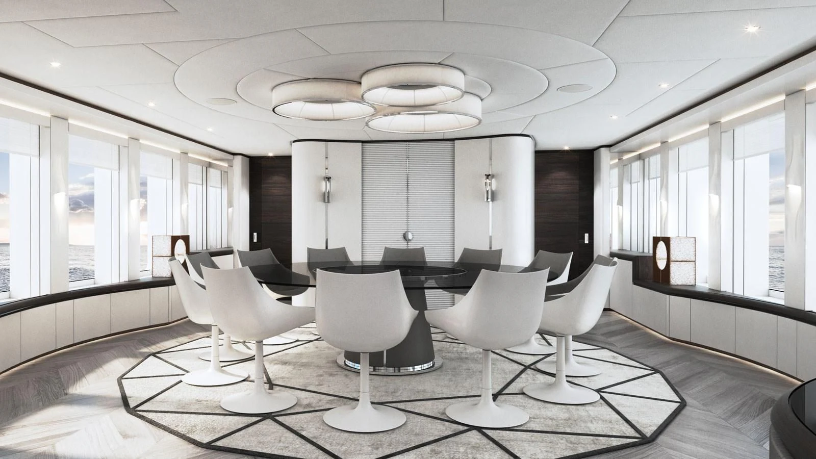 a room with a table chairs and a large window aboard ALP Yacht for Sale