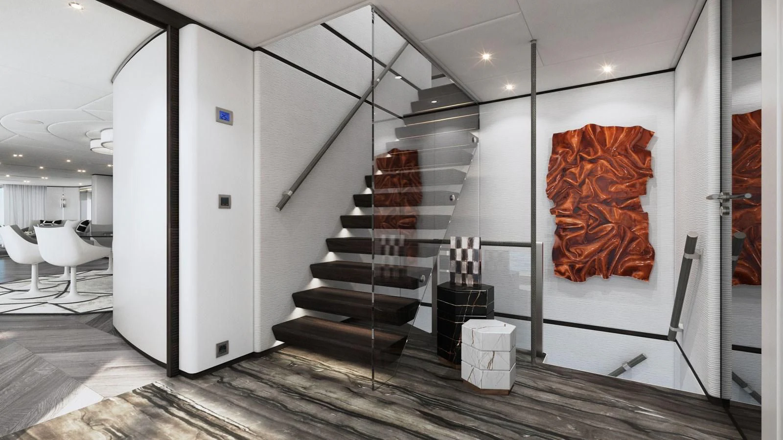 a large glass display case in a room aboard ALP Yacht for Sale