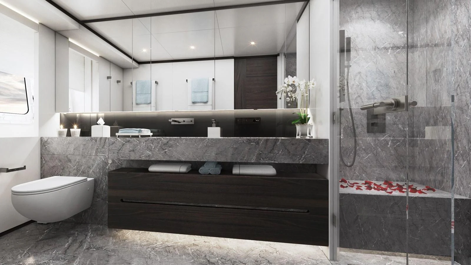 a bathroom with a large mirror aboard ALP Yacht for Sale