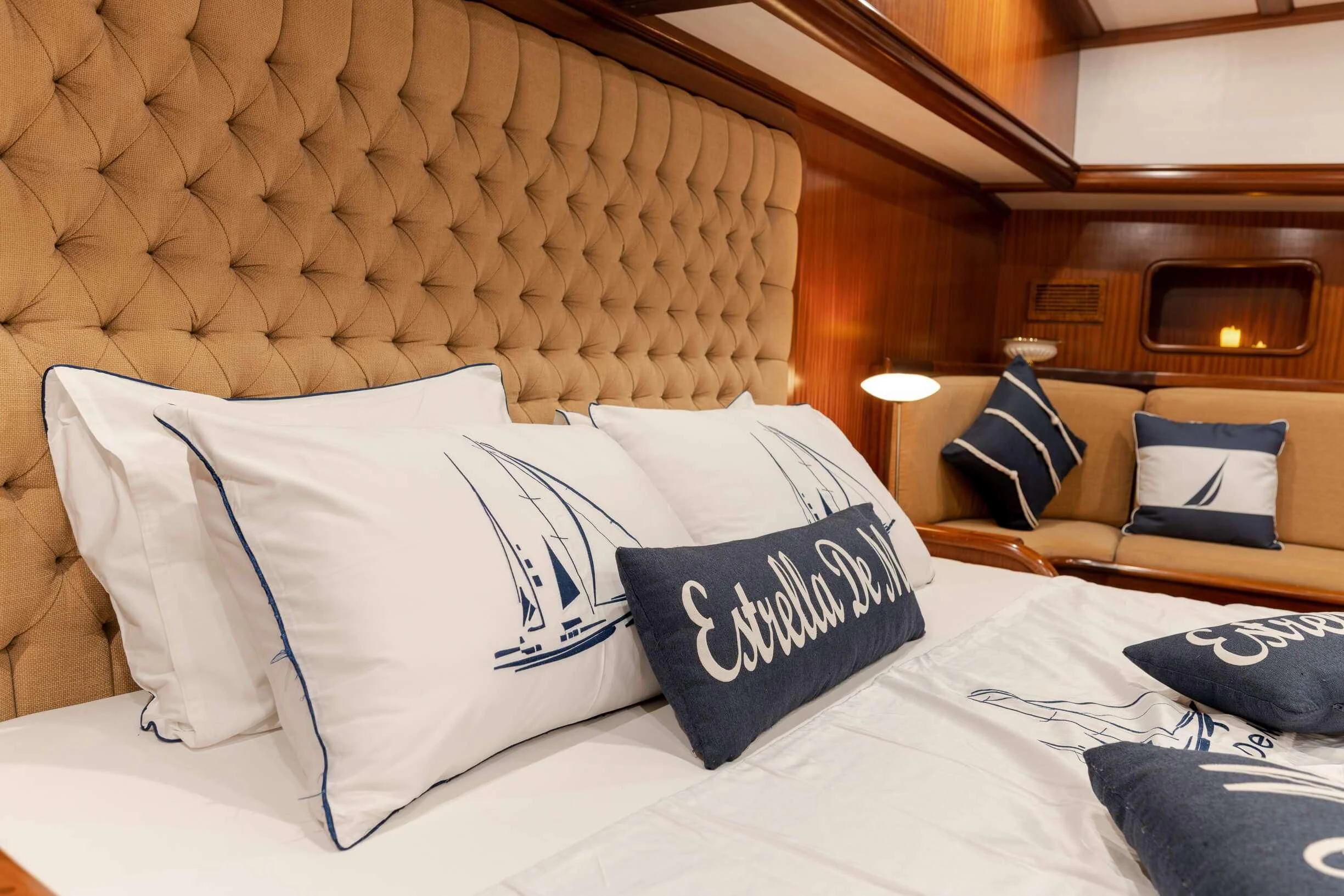 a bed with pillows aboard ESTRELLA DE MAR Yacht for Sale